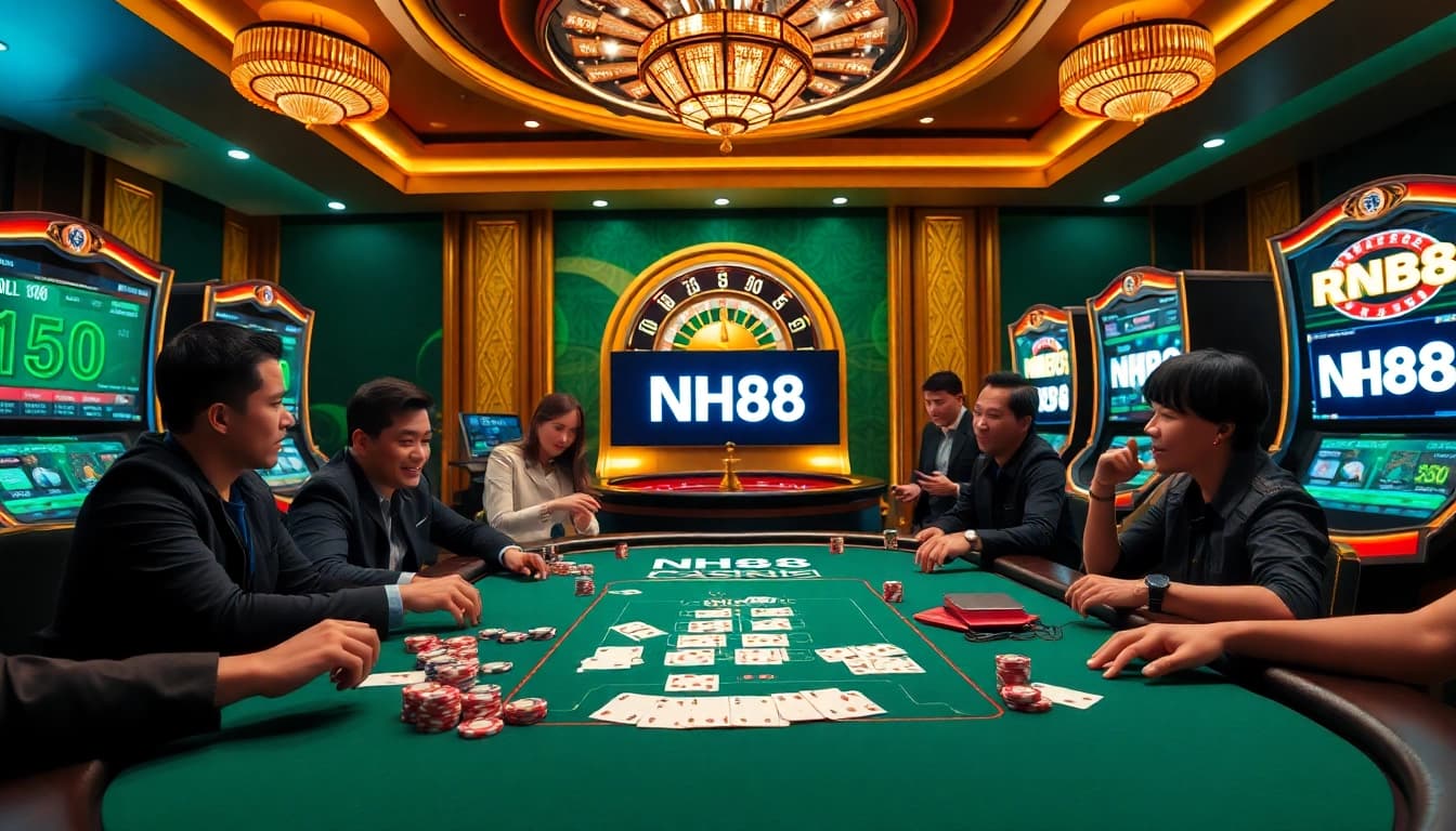 Experience the thrill of exciting casino games at NH88, showcasing vibrant poker and roulette scenes.