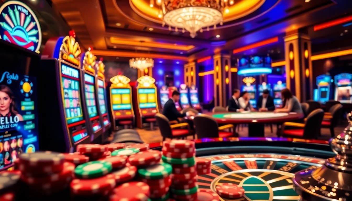 Win55 casino scene with vibrant slot machines and bustling players at a roulette wheel.
