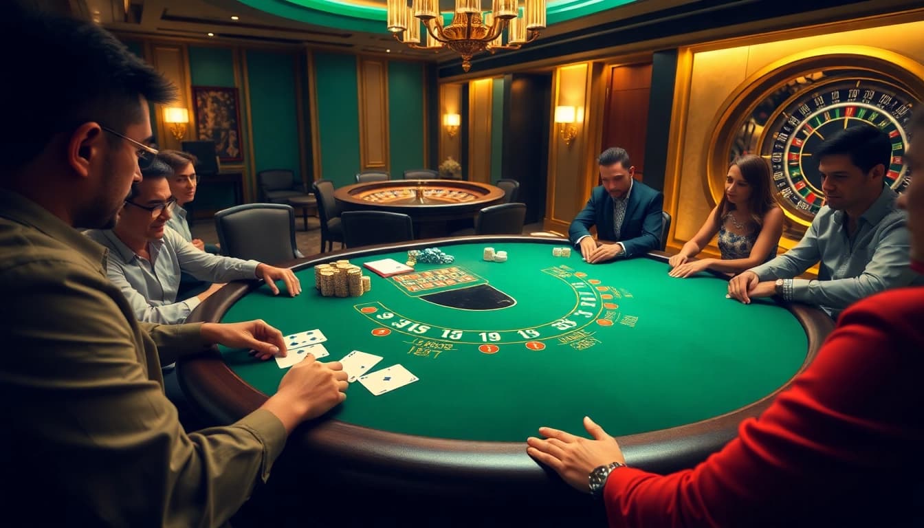 Người chơi tham gia tại bàn blackjack trong một casino sang trọng, nổi bật với LUCK8、LUCKY8.