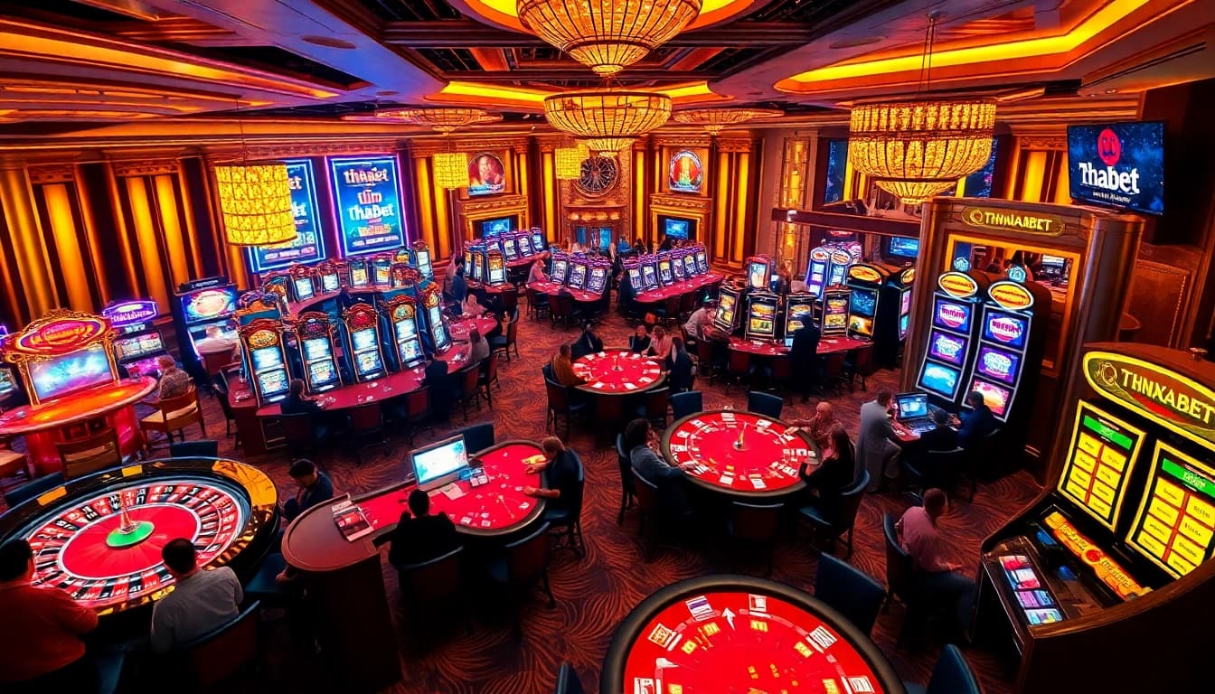 Experience the thrill at the casino with vibrant action, showcasing a "link vào thabet" interface amidst the excitement of roulette and slot machines.
