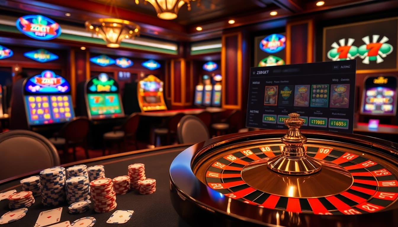 Experience the thrill of zbet with vibrant casino elements like poker chips and roulette wheels.