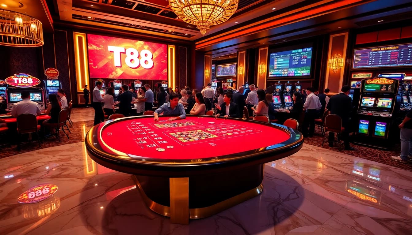 Experience the vibrant TK88 casino scene with lively tables and glamorous gaming elements.