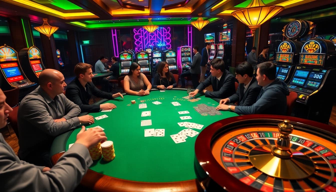 Dynamic gaming action at the trang chủ rr88 casino, featuring poker tables, slot machines, and a roulette wheel.