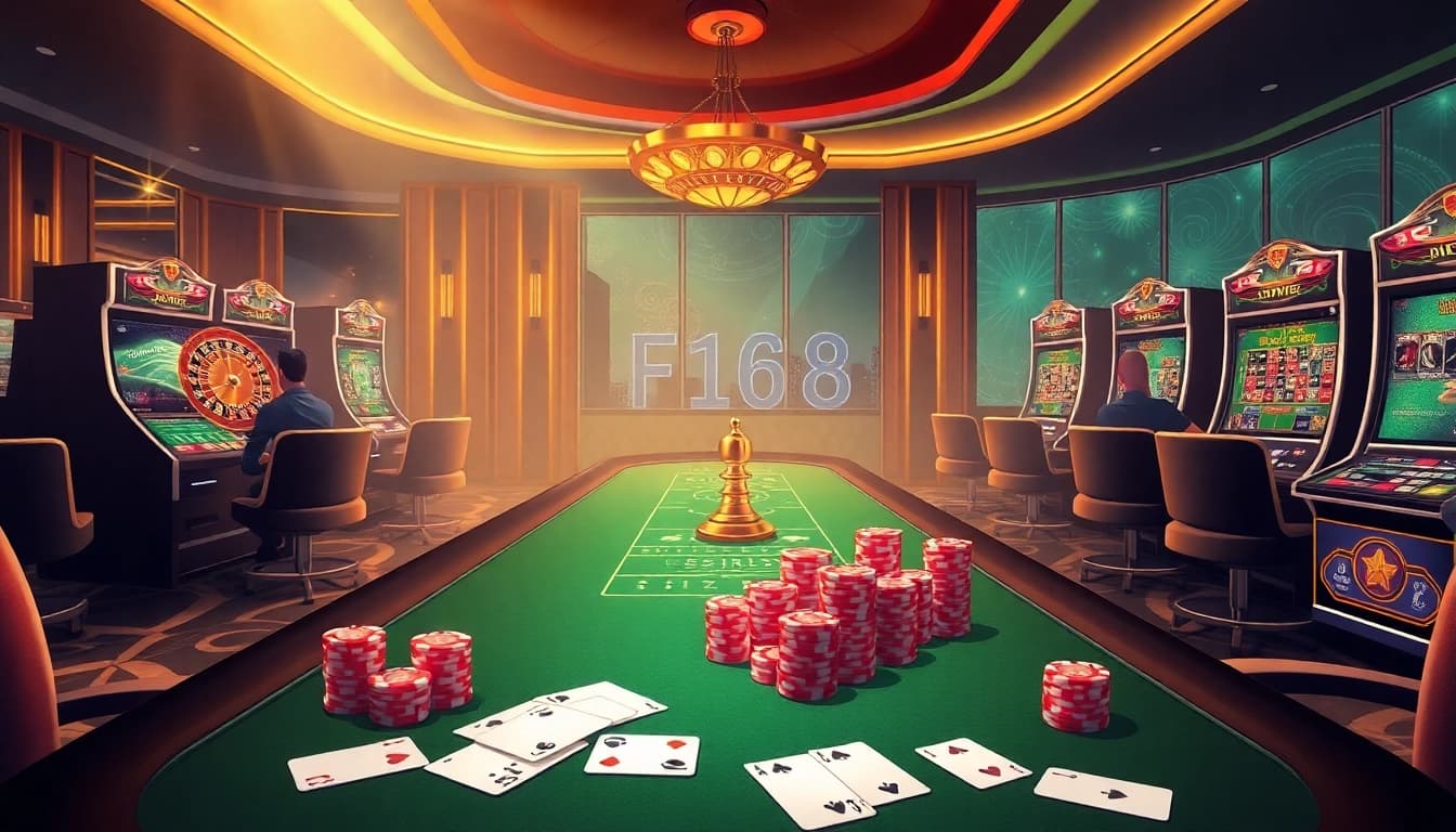 F168 online casino players engaging in high-stakes gaming with poker chips and roulette.
