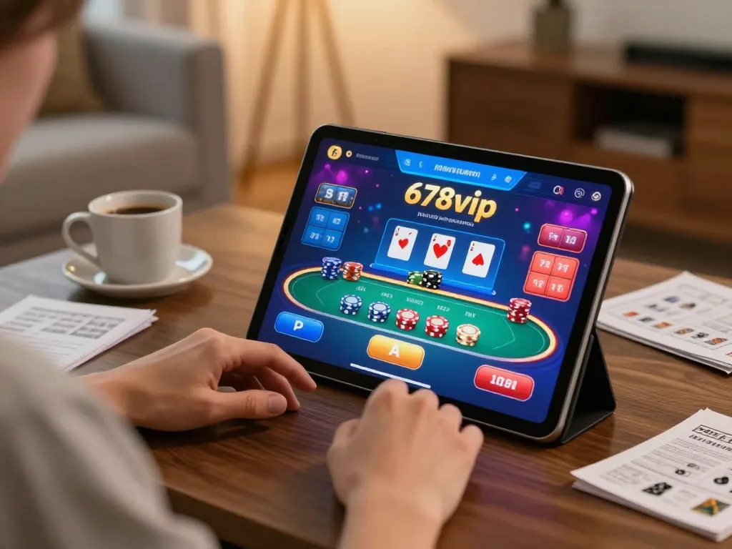 Engaging live gaming session at 678vip showcasing online poker action with a tablet user.