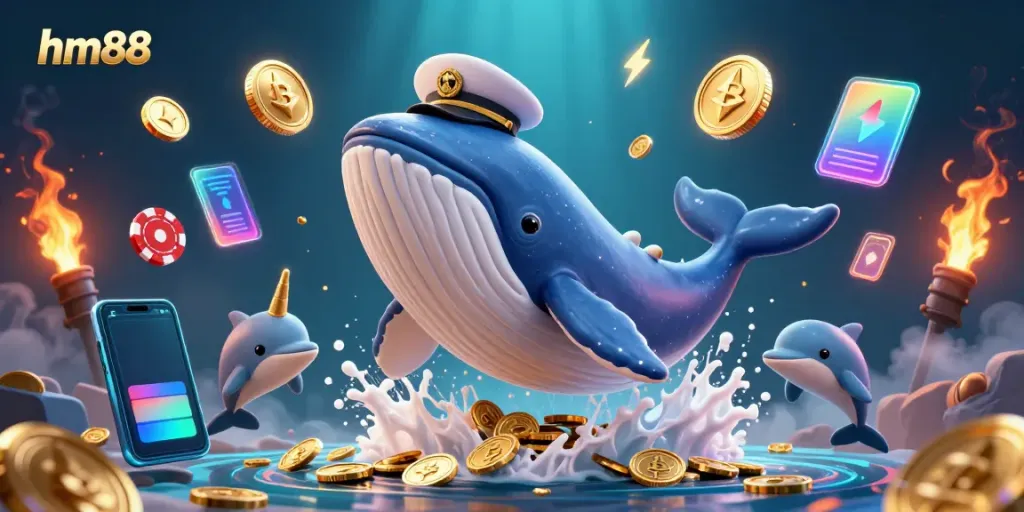 Engage in casino adventures with hm88, featuring a delightful cartoon whale breaching through coins with poker chips.