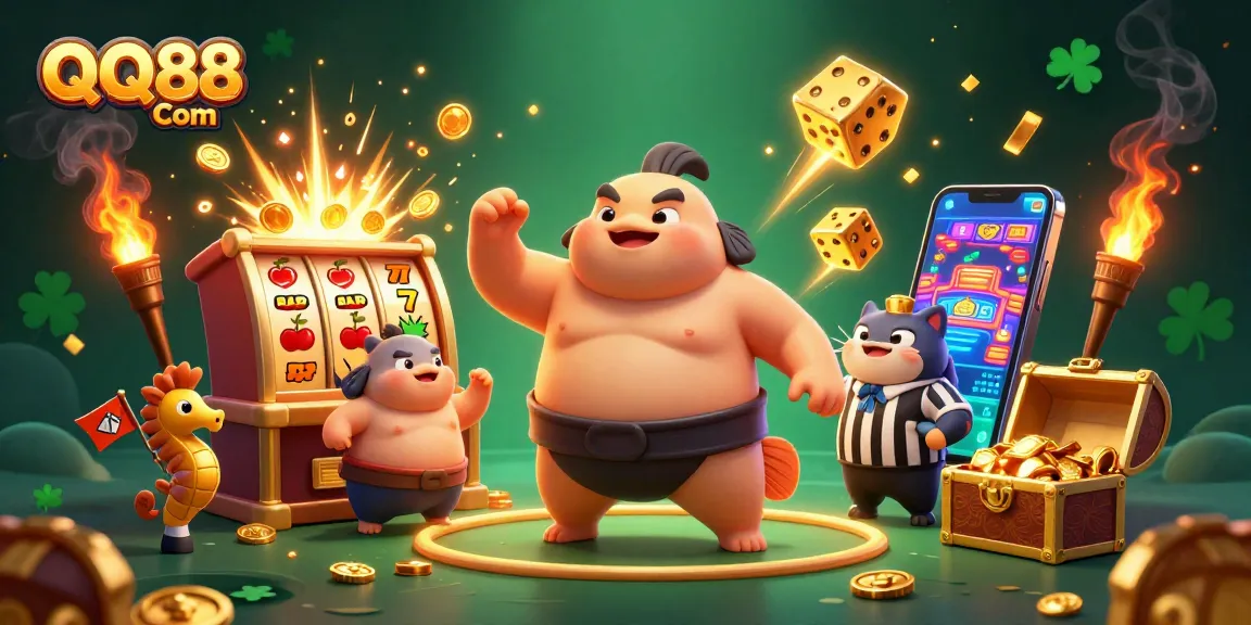 Experience excitement at QQ88 Com with dynamic visuals of a cartoon fugu and vibrant casino elements.
