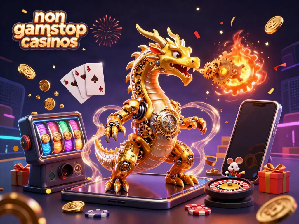 Experience thrilling gameplay at non gamstop casinos as a golden dragon breathes gears and cogs surrounded by casino elements.