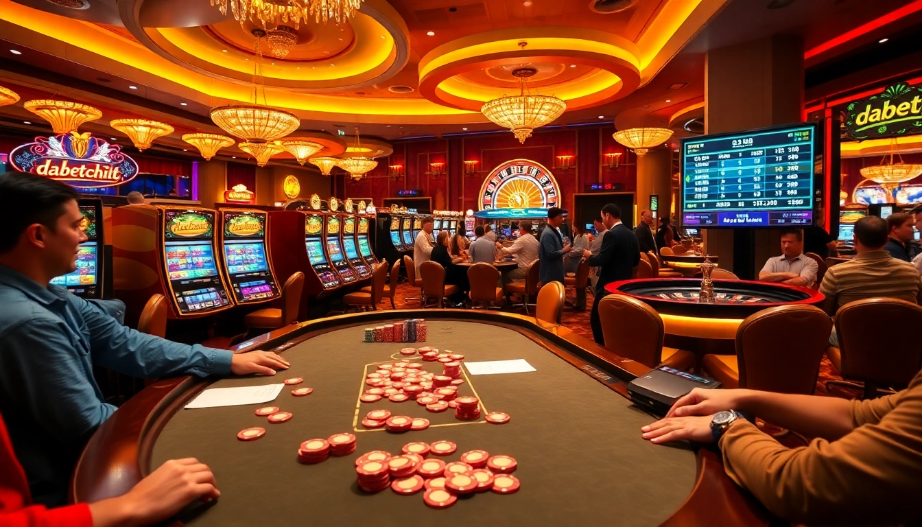 Dabet hoa kỳ showcased at a busy casino with poker tables, slot machines, and roulette wheels.