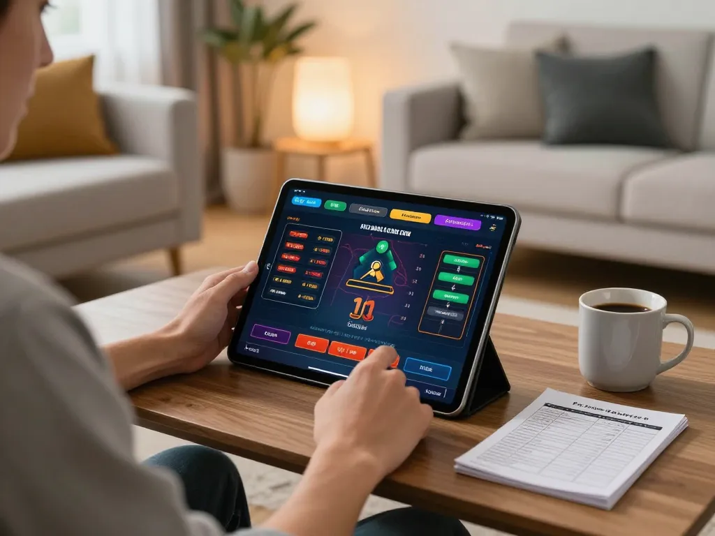 A player enjoys online gaming at open88 casino on a tablet in a stylish living room.