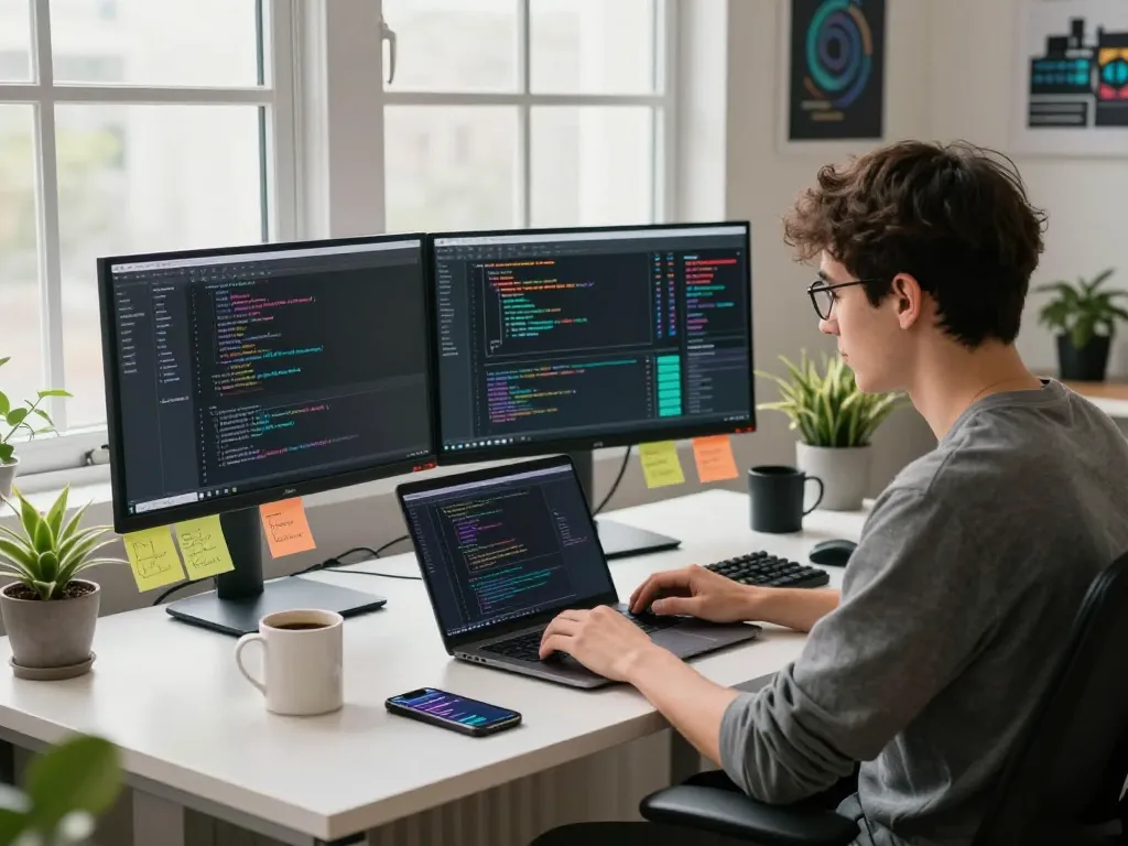 open claw coding environment with a developer at a standing desk and monitors showing innovative software solutions