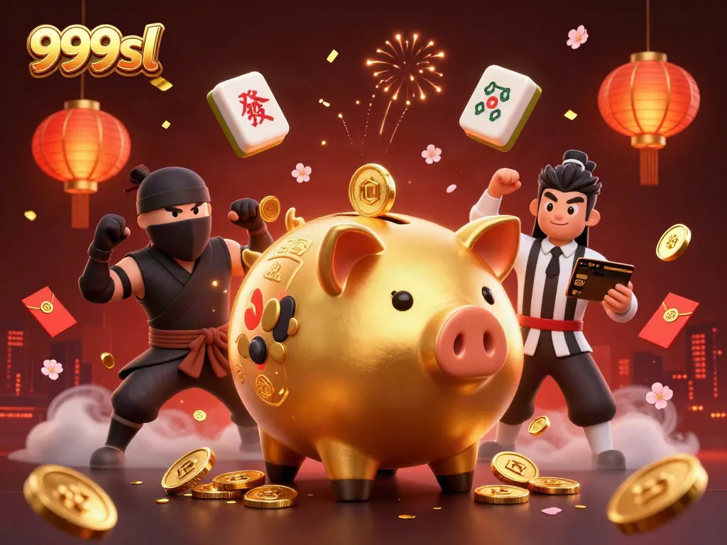 Celebrate wins at 999sl with a vibrant scene featuring a golden piggy bank sumo wrestler amidst dazzling casino elements.