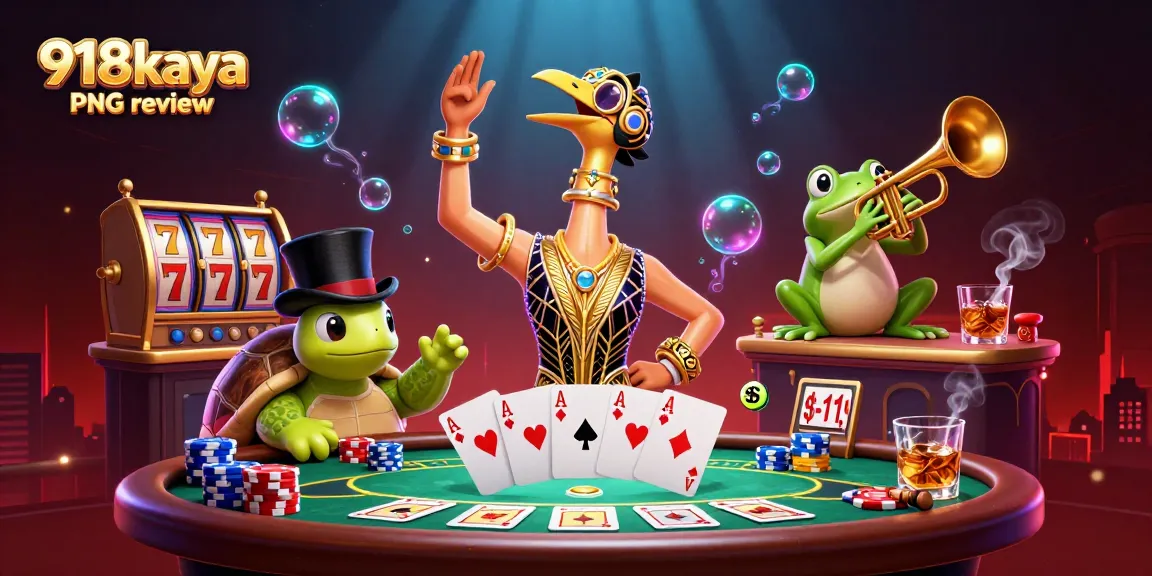 Play exciting slot games with the 918kaya PNG review, showcasing unique characters and rich casino elements.