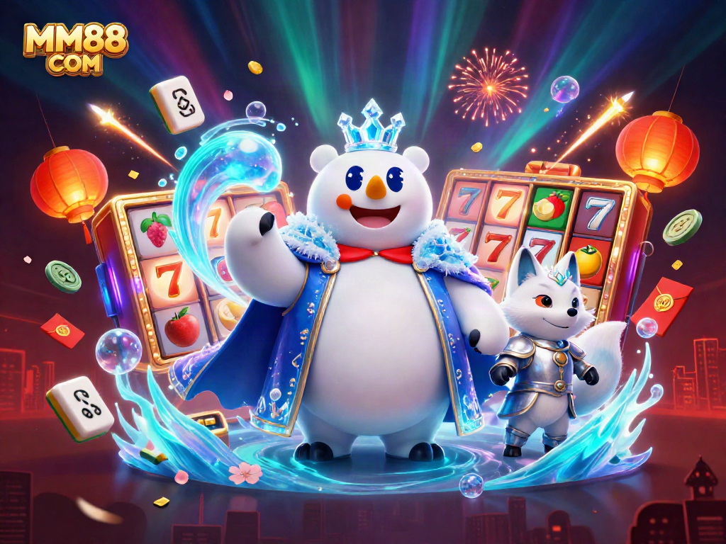 Experience gaming excitement with MM88 COM; vibrant casino illustration showcasing slot reels and festive elements.