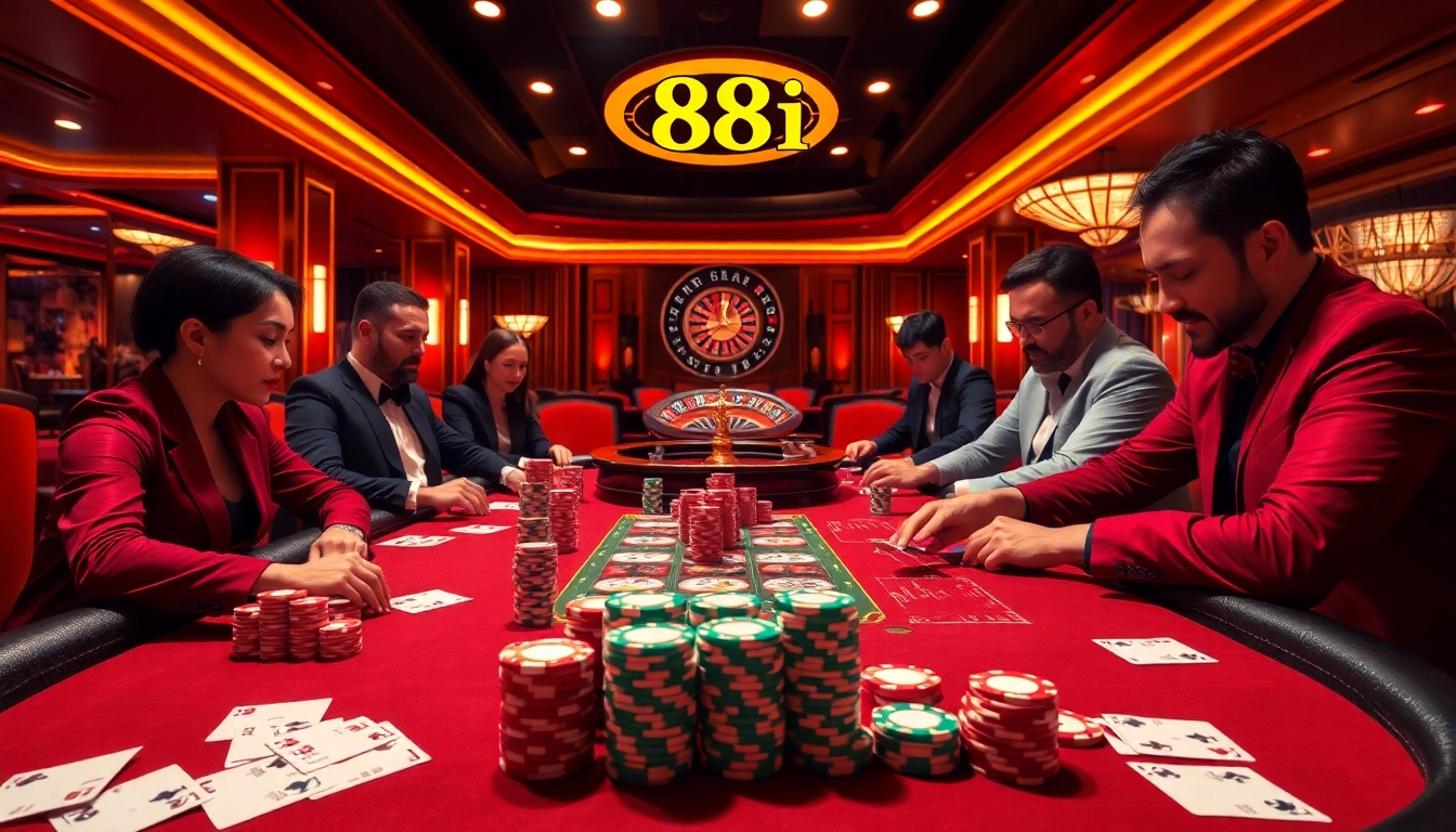 Gamblers at an exciting 88i poker table engaging in a high-stakes game with vibrant chips and cards.