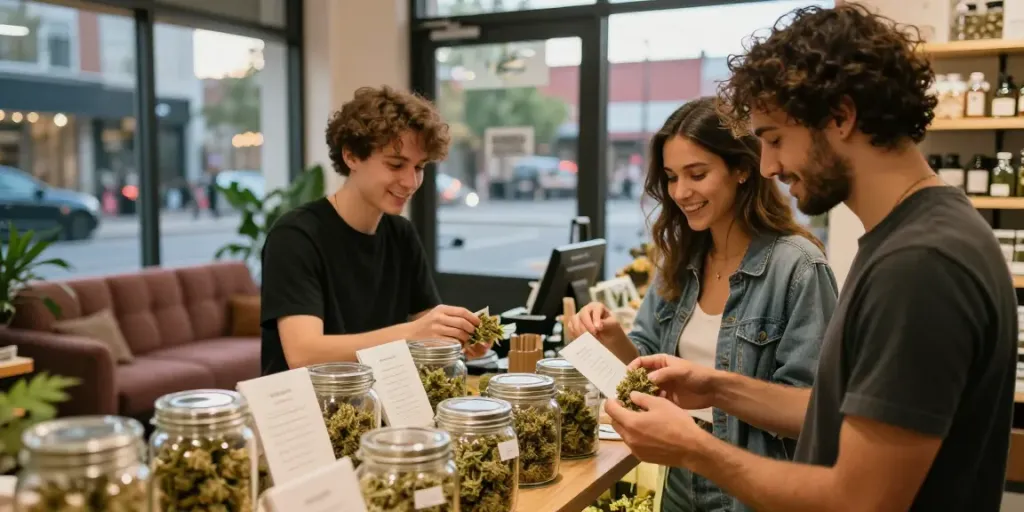 Best cannabis delivery service showcased with a couple exploring quality cannabis products in an inviting shop.