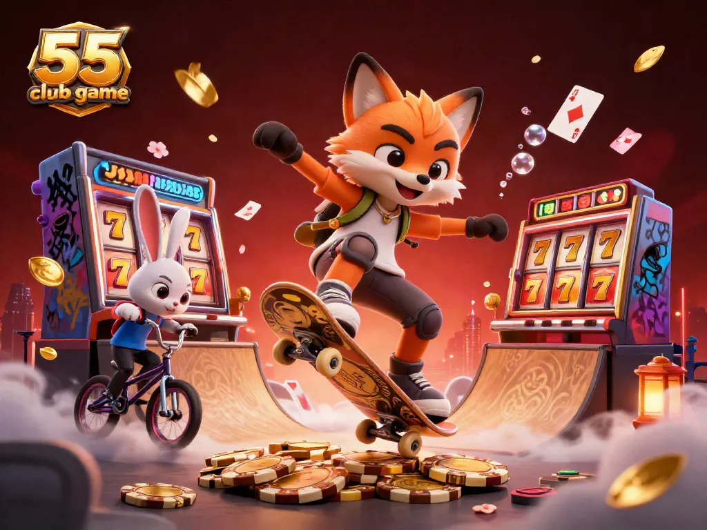Engage with the thrilling 55 club game featuring vibrant characters in a lively casino backdrop.