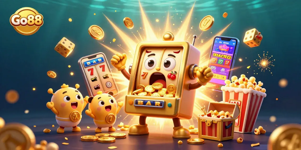 Experience the thrilling wins at Go88 with a golden slot machine hitting the jackpot amidst flying coins and vibrant casino elements.