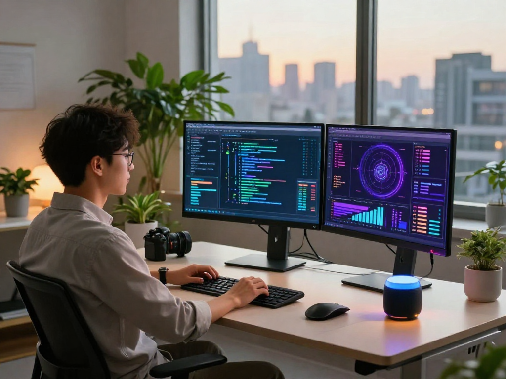 Discover juicy ai insights at a modern tech workspace with vibrant data displays.