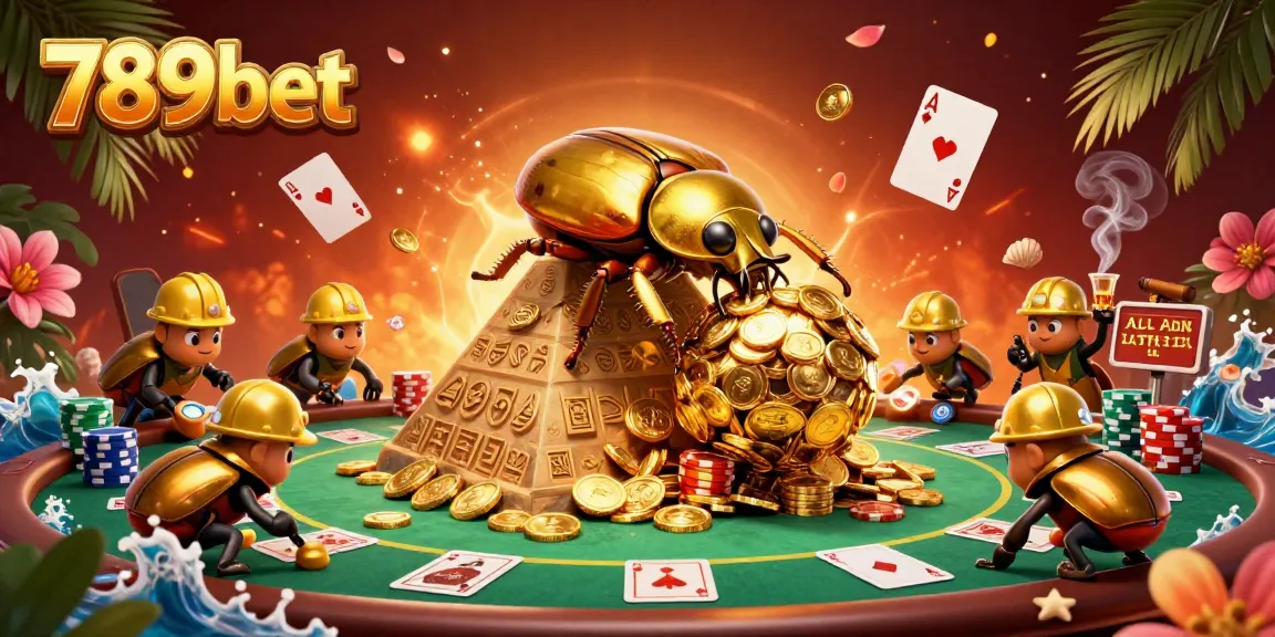 Experience the excitement of 789bet as a golden dung beetle rolls coins in a vibrant casino scene.