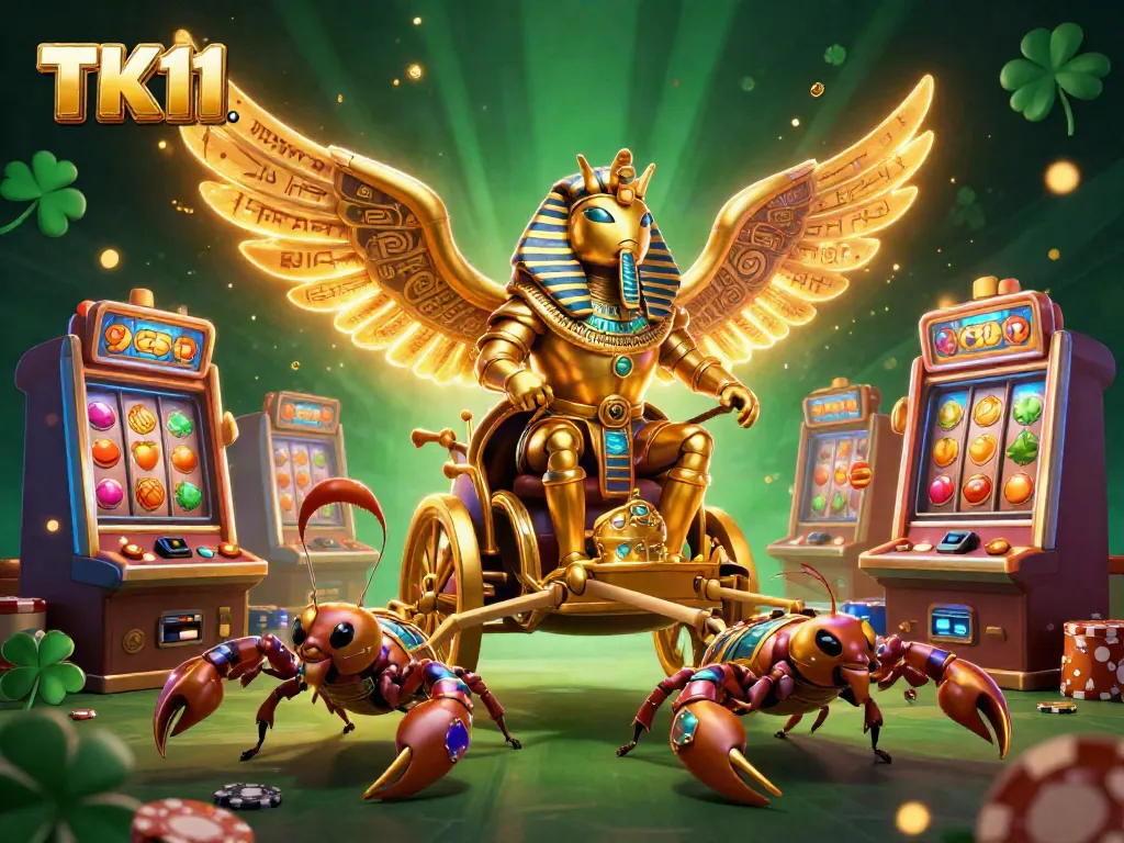 Engage with TK11 in a captivating casino adventure featuring vibrant slots and golden characters.