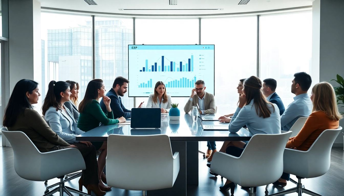 Team collaboration in a modern office discussing ERP yazılım solutions with digital data displays.