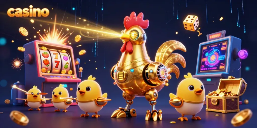 Engage in the casino experience with a golden robotic rooster leading baby chick drones in a dynamic game-filled scene.