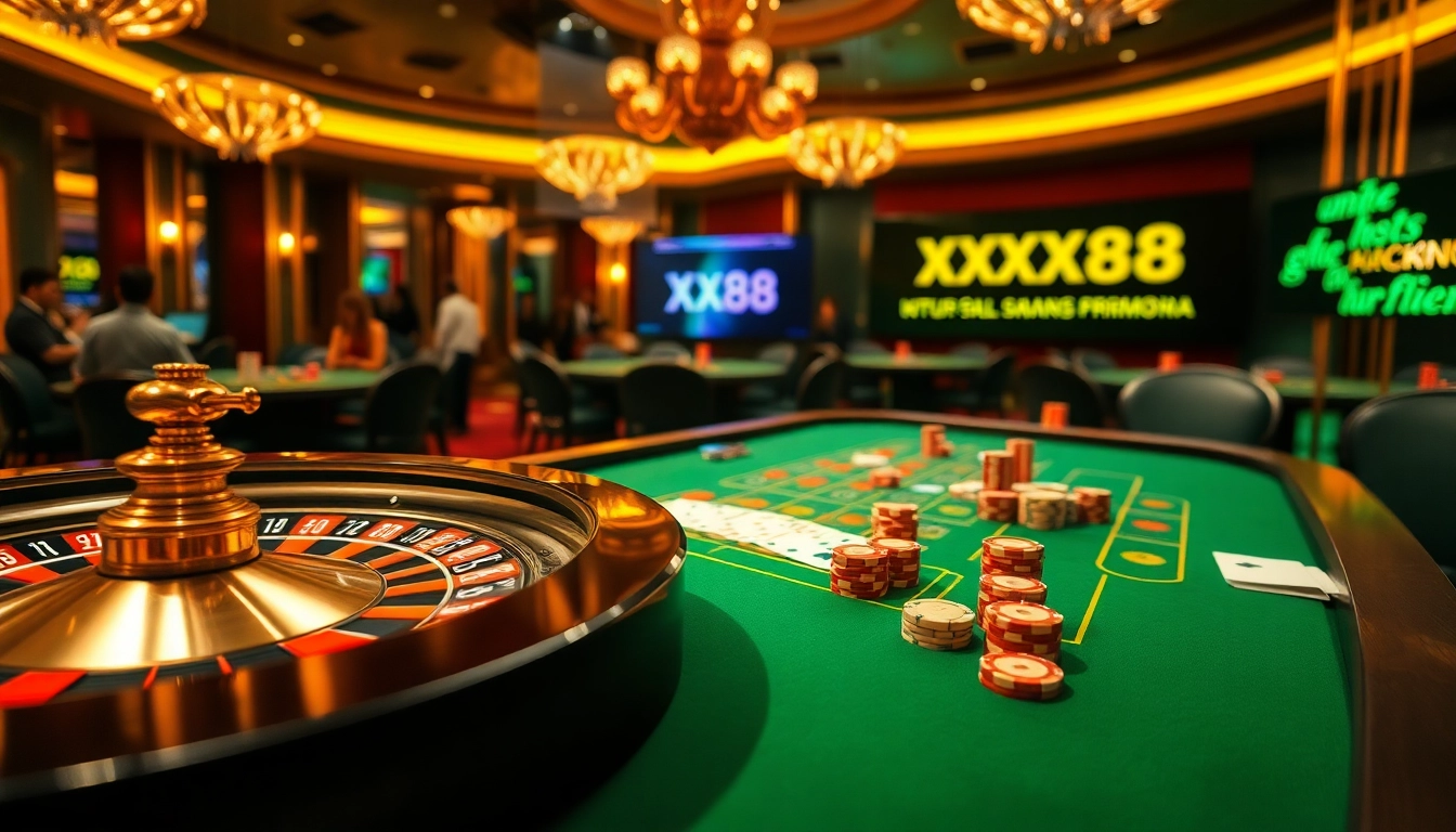 Experience excitement at https://xx88.promo/ with a luxurious casino scene featuring roulette, cards, and chips.