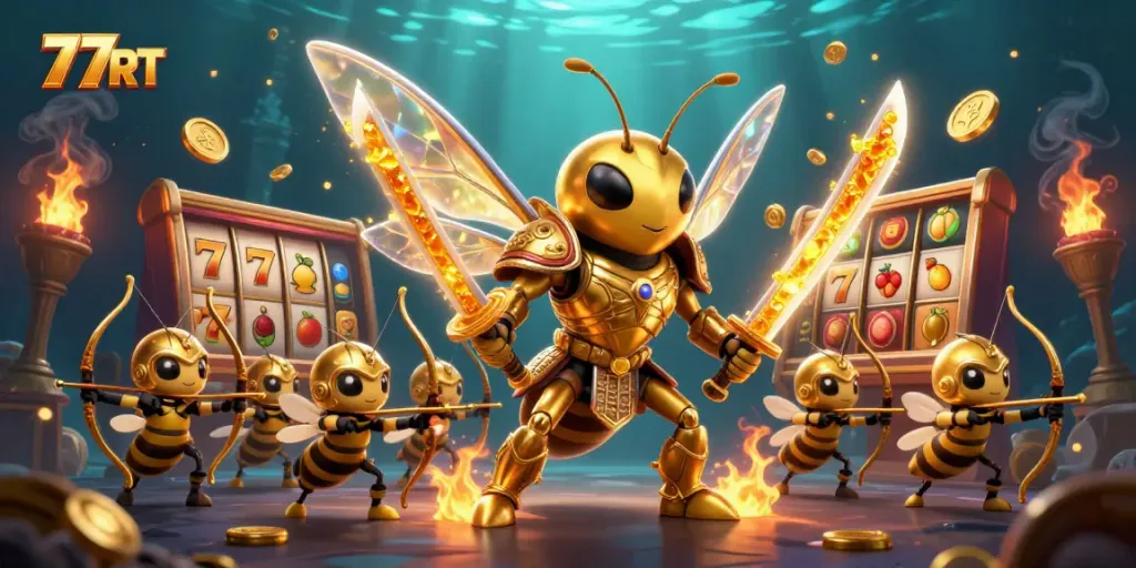 Engage in thrilling gaming at 77RT featuring an adventurous golden hornet ready for action.