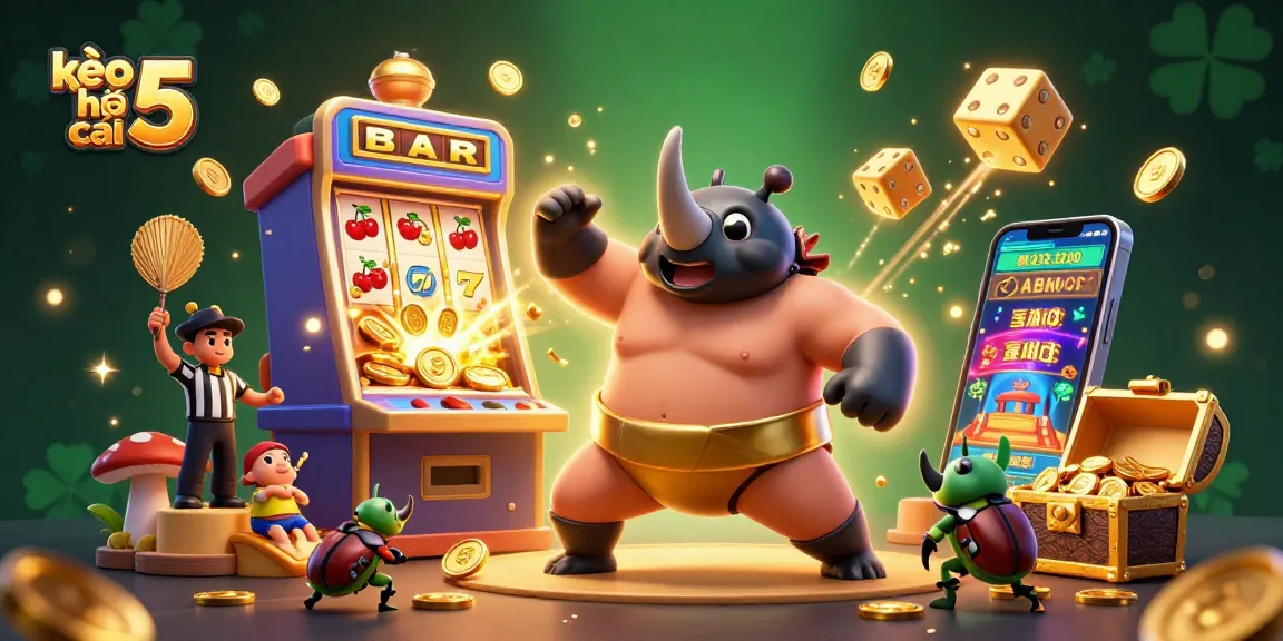 Kèo nhà cái 5 showcases a vibrant 3D scene featuring a sumo beetle champion, drawing in excitement with its dynamic gambling elements and dazzling effects.