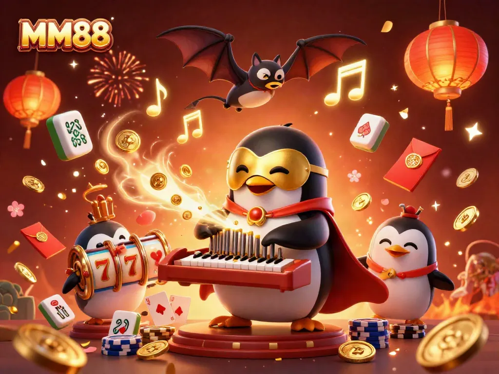 Experience MM88 casino excitement with a penguin organist amidst golden reels and festive elements.