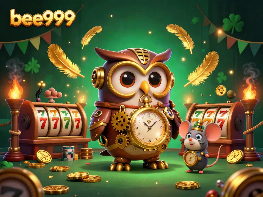 Engage in thrilling games at bee999 with the steampunk owl and clockwork mouse in an energetic casino scene.