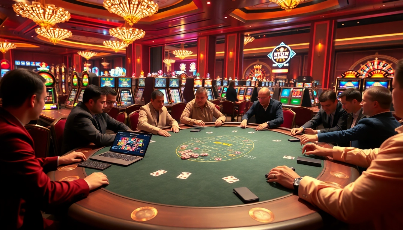 A poker game at https://79kking.blog/, showcasing high-stakes players and vibrant slot machines.