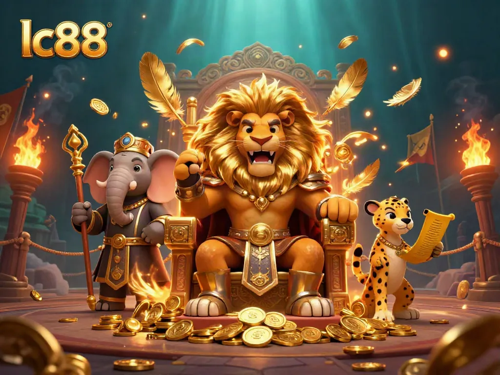 Experience thrilling bets with lc88 in an epic casino scene featuring a lion king and vibrant game elements.