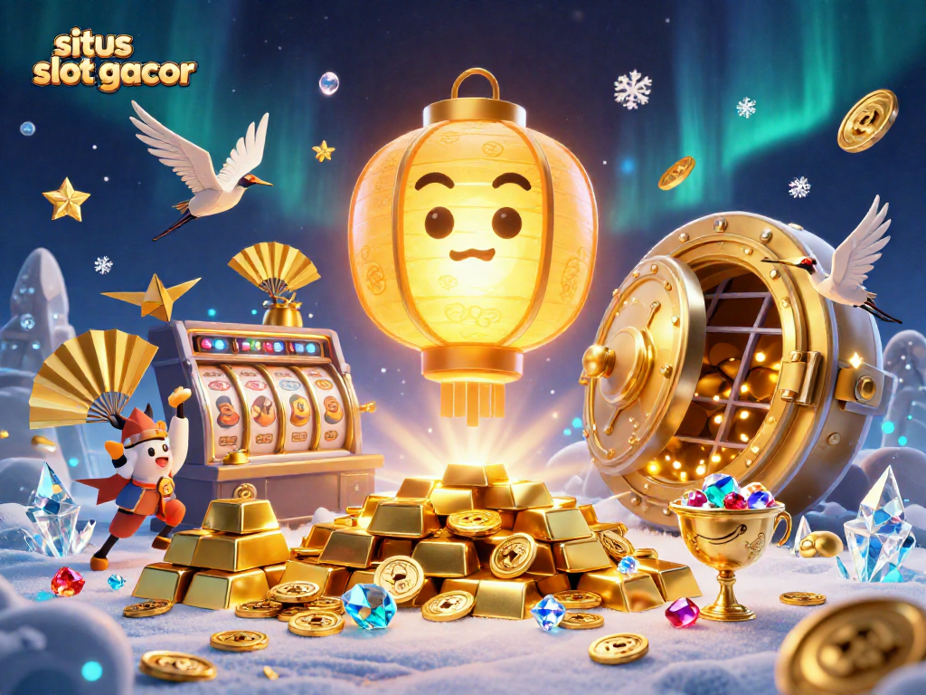 Sparkling casino scene representing situs slot gacor with a golden lantern spirit, joyful slot reels, and treasures around.