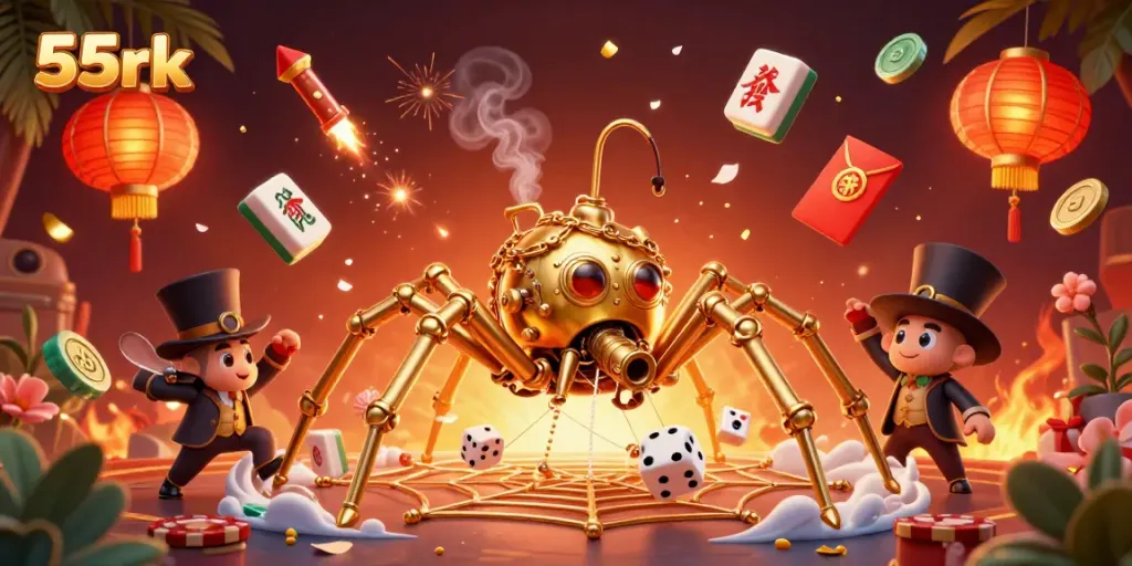 Experience winning thrills as the 55rk golden spider captures poker dice in its intricate web.