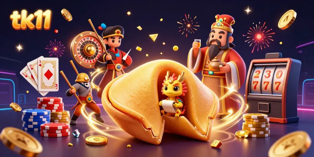 Engage with tk11's vibrant casino scene featuring a golden fortune cookie surrounded by dynamic gaming elements.