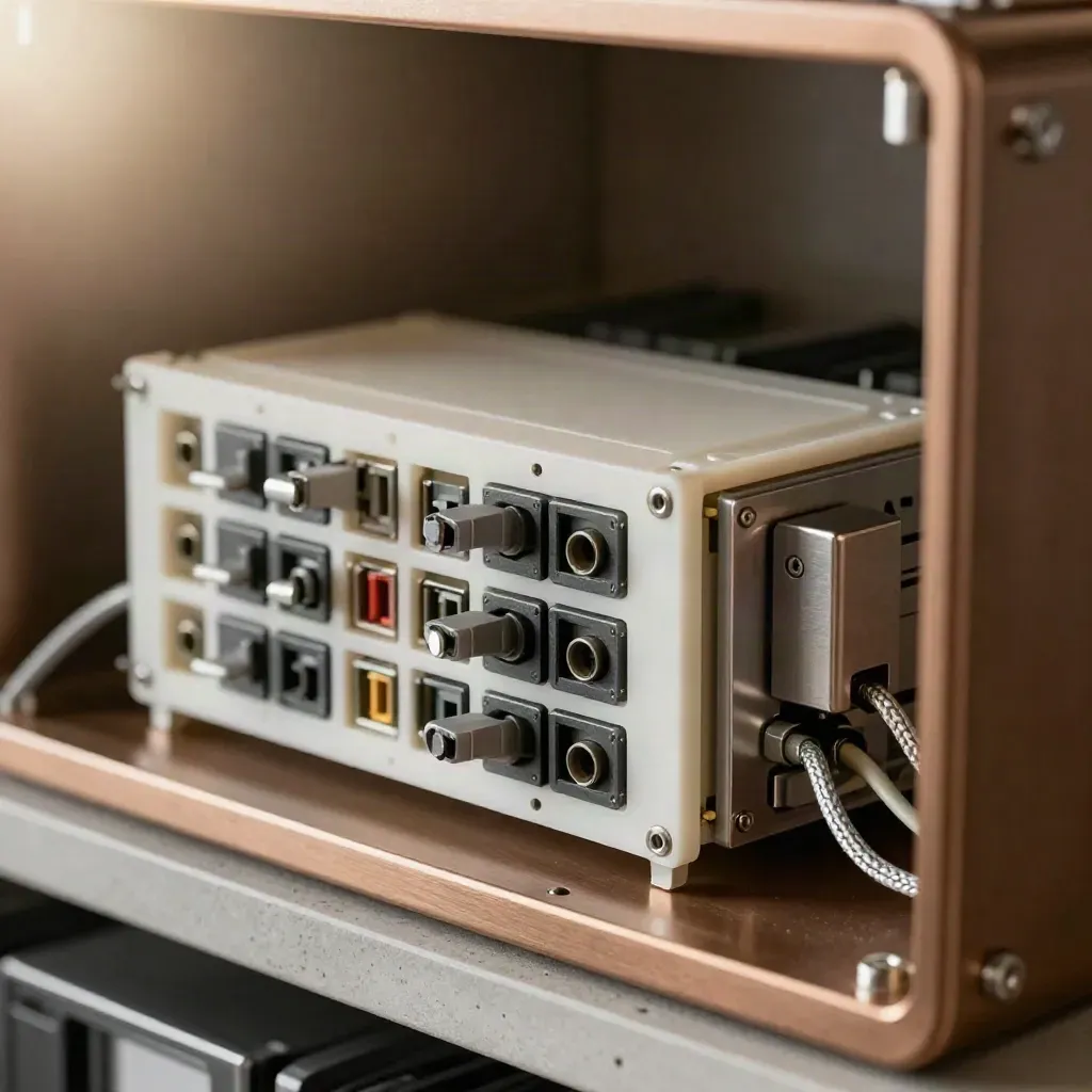 Extreme macro of modular white and graphite website blocks, braided cables and a small server hub.