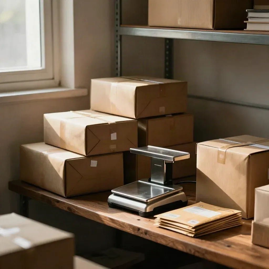 Wrapped parcels, mailers and a shipping scale in a warm ecommerce fulfilment corner.