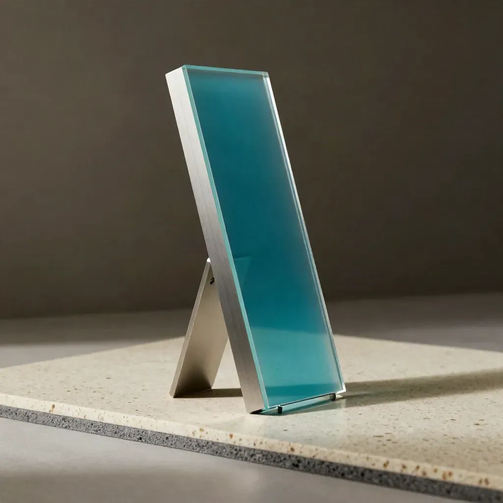 Tall acrylic landing-page panel with cyan strip and support blocks on travertine, lit dramatically.