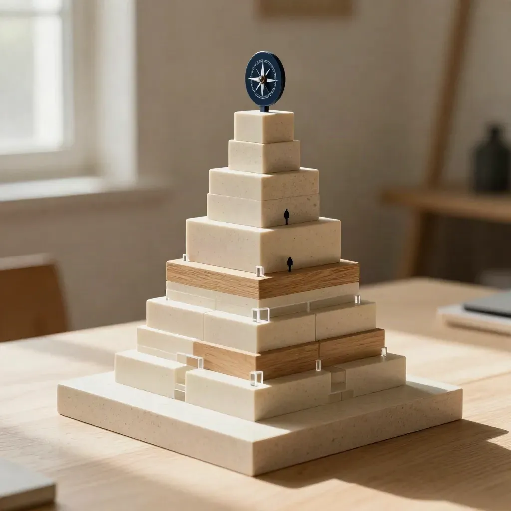Nested sitemap-like blocks and acrylic steps with navy accent on a warm oak surface.