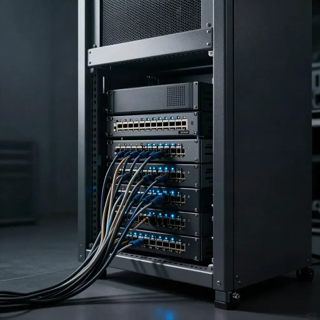 Dark server cabinet with network gear, backup drives and glowing blue LEDs in hazy low light.