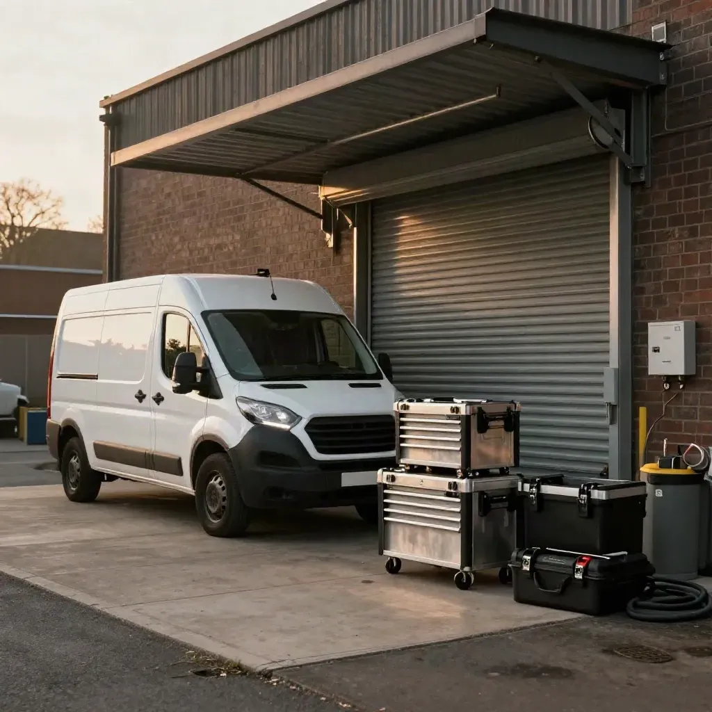 A clean service van and stacked tool cases outside a closed workshop roller door in warm afternoon light.