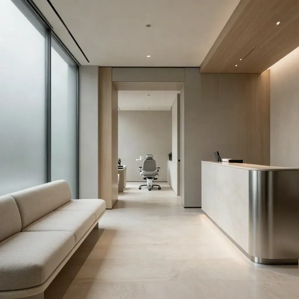 Calm modern dental reception with curved seating, frosted glass corridor and polished stone finishes.