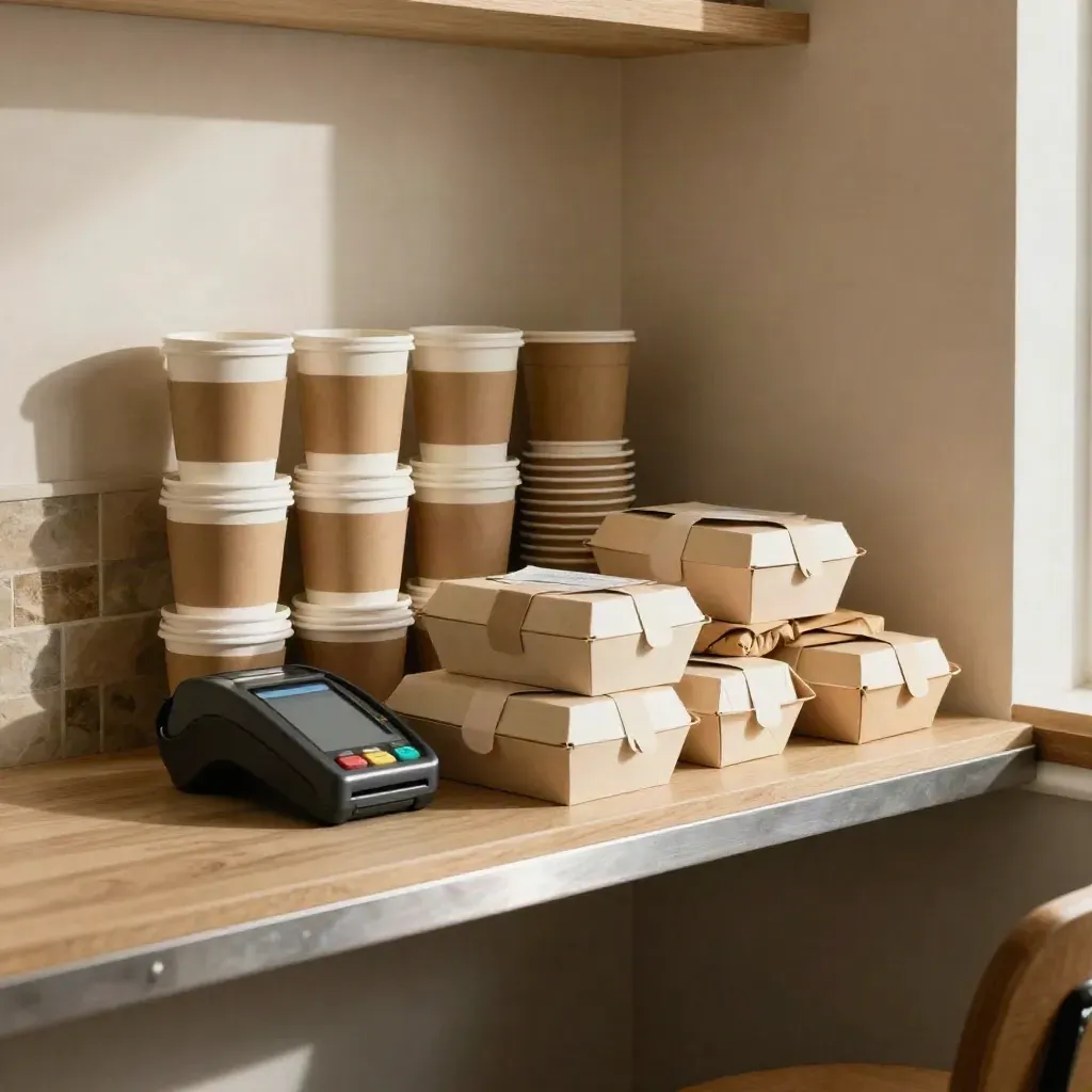 Coffee pickup shelf with takeaway cups, pastry boxes, wrapped parcels and a turned card terminal