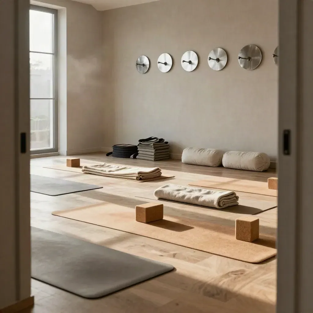 Prepared yoga studio with rolled mats, blocks, blankets and soft morning light