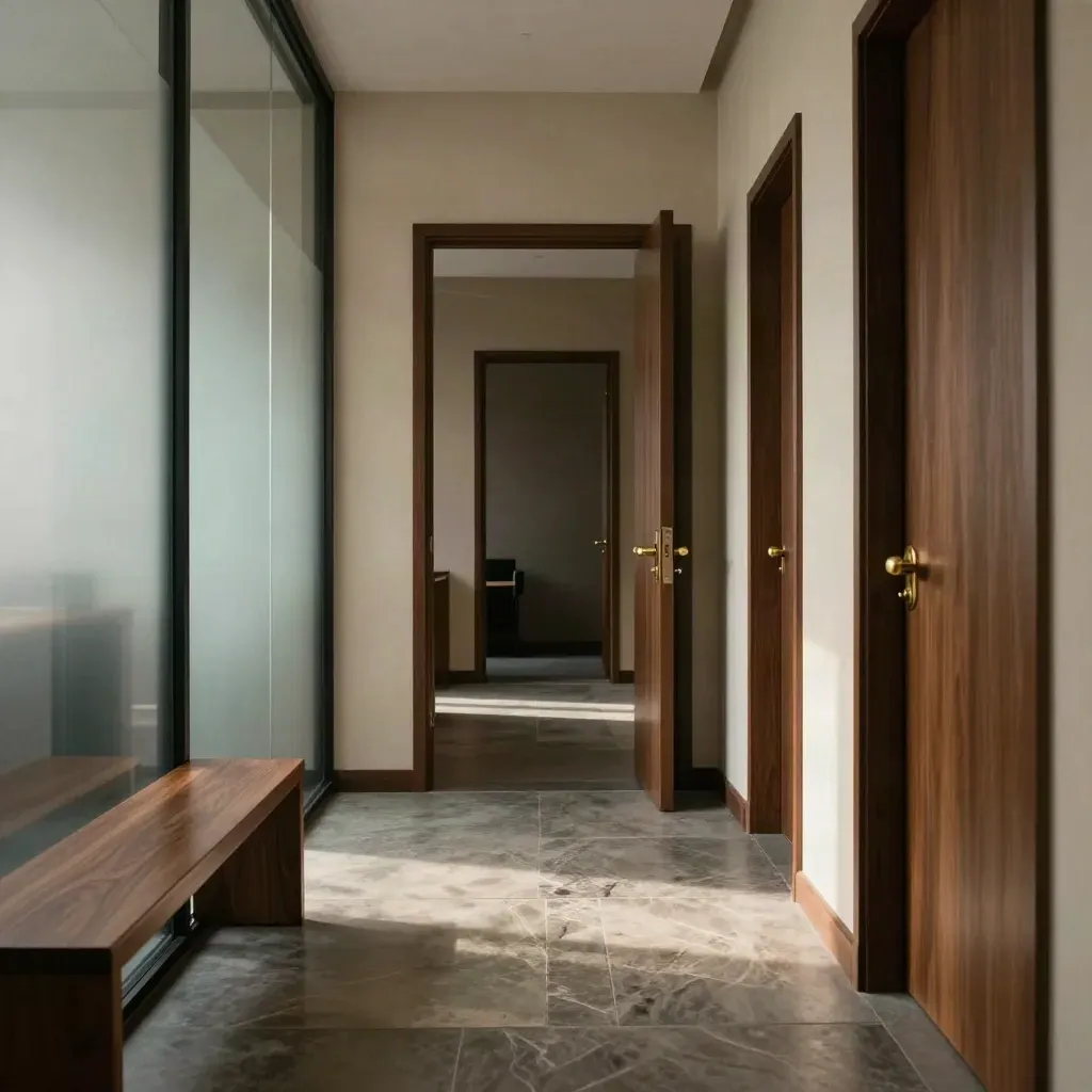 Empty law office corridor with stone floor, glass partitions and timber bench in warm afternoon light.