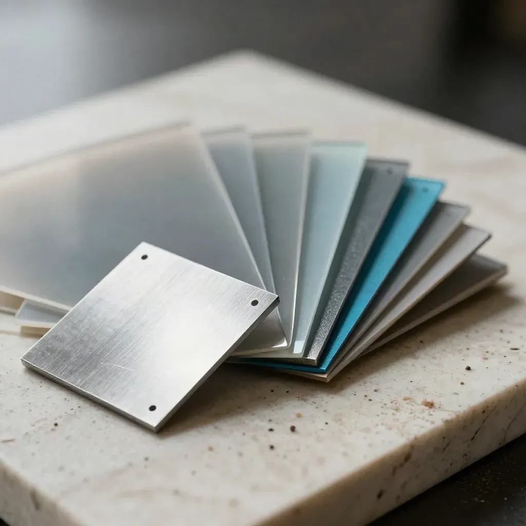 Extreme macro of acetate swatches, aluminium chips and a steel square on travertine.