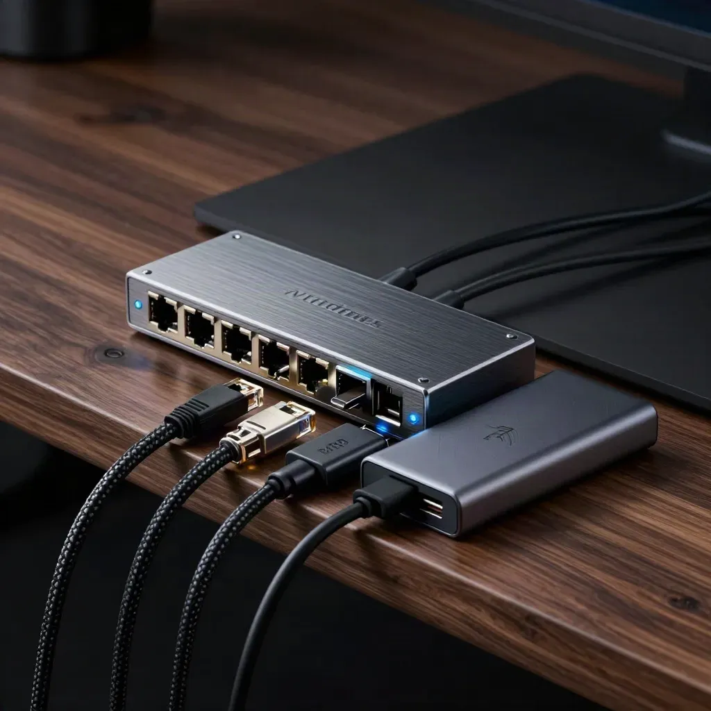 Developer hardware cluster: network switch, USB-C hub, ethernet leads, SSD enclosure on dark stone.