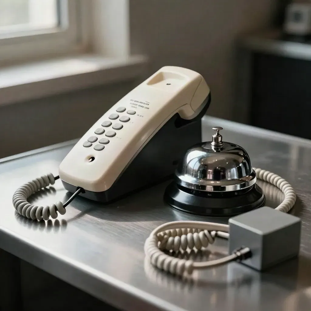 Brushed steel support kit with handset, bell, cable coil, and power brick under soft light.